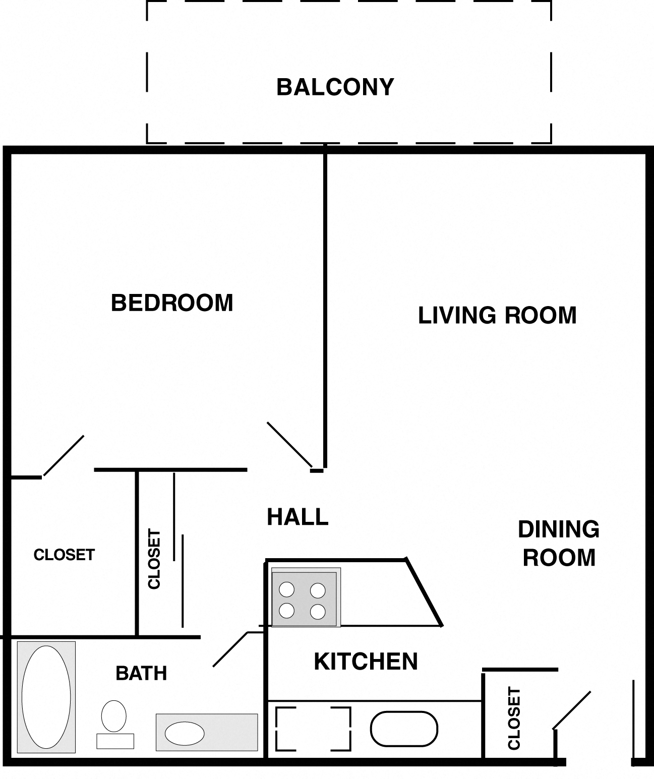 Floor plan for 1 bed, 1 bath, 625 sqft